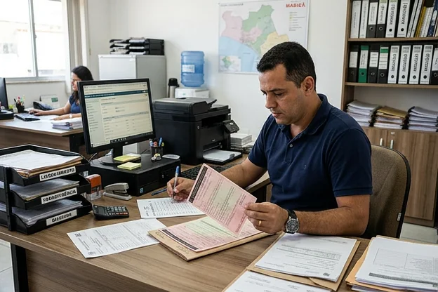 Despachante analisando documentos para licenciamento em Maricá.